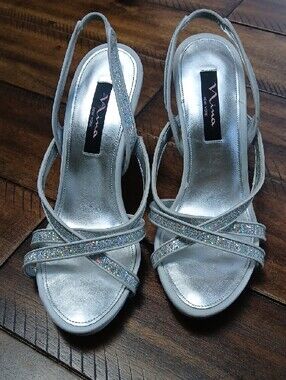 Nina New York Silver Glitter Strappy Slingback Heels